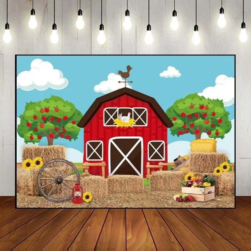 

Cartoon Farm Animals Pink Floral Barn House Happy Birthday Party Photography Backdrop Background Banner Decoration Wall Custom