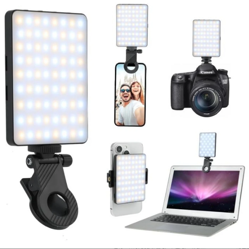 Full Color LED Selfie Light Clip, Luz de Vídeo, Luz de Preenchimento Recarregável, Brilho Ajustável para Maquiagem Vlog, 1 ABS, 2000mAh