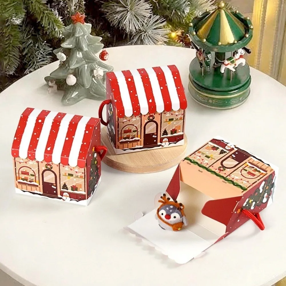 10Pcs House Shaped Christmas House Gift Boxes Snowman Printed With Handles Candy Treat Paper Boxes Red Stripe Roof view 4