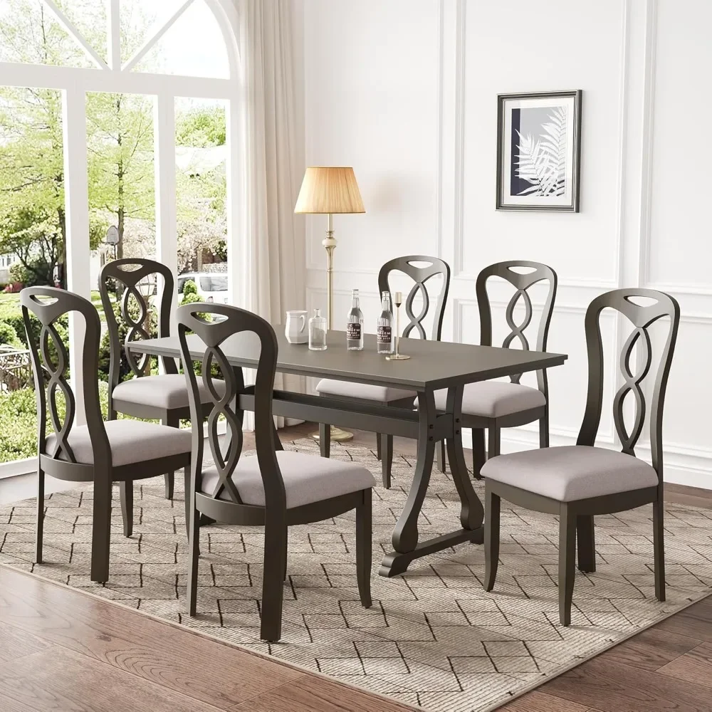 7 Piece Dining Table Set, Retro Kitchen Table Set with 6 Upholstered Dining Chairs,