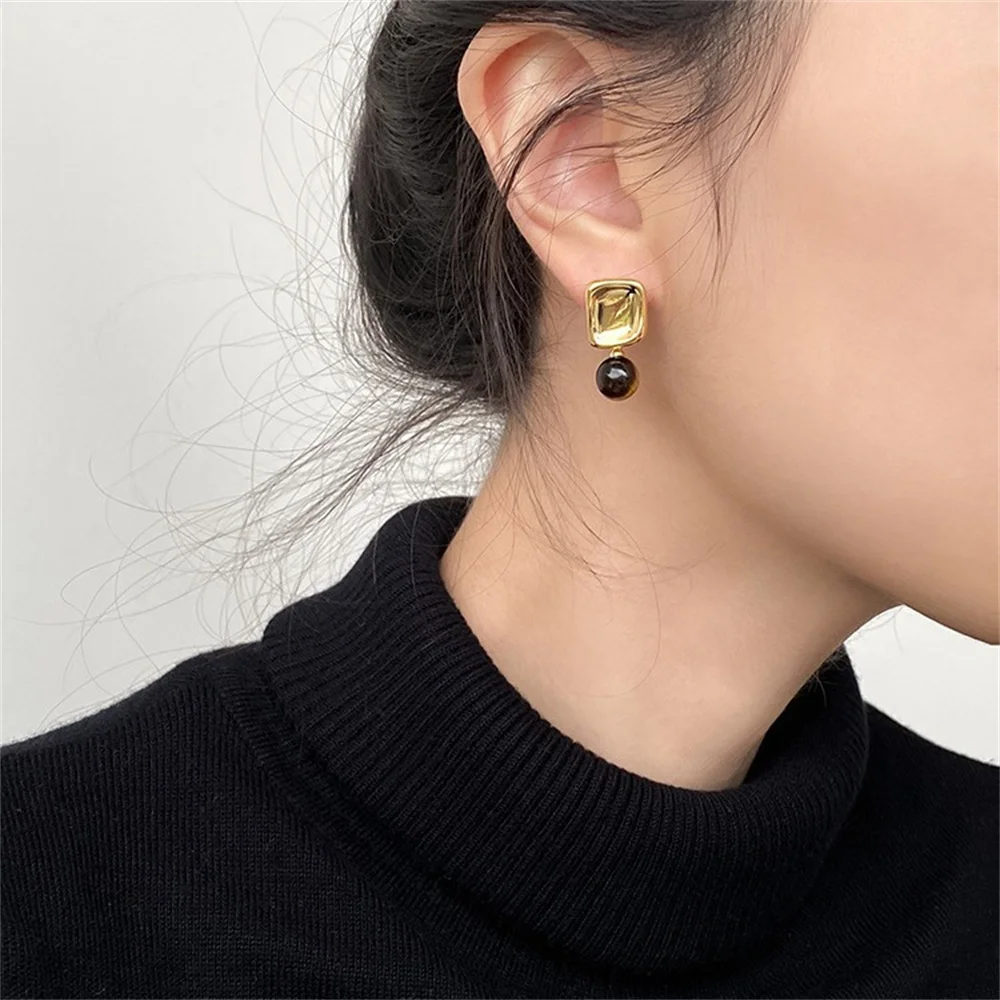 Square Caramel Color Tiger Eye Stud Earrings Gold Color Irregular Earrings For Women Fashion Jewelry Accessories Women’s Gifts