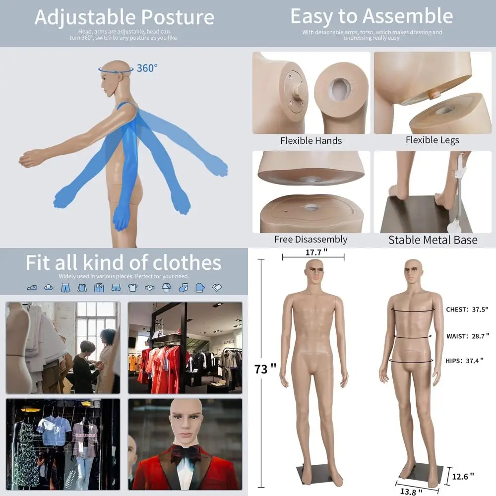 

Регулируемый мужской манекен в полный рост (73 см) со съемными руками, вращающейся подставкой и металлическим основанием для шитья и демонстрации