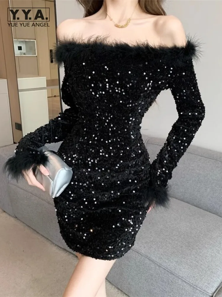 

Sexy Off Shoulder Slash Neck Sequined Black Dress Women Long Sleeve Design Feather Elegant Slim High Waist Party Evening Dresses