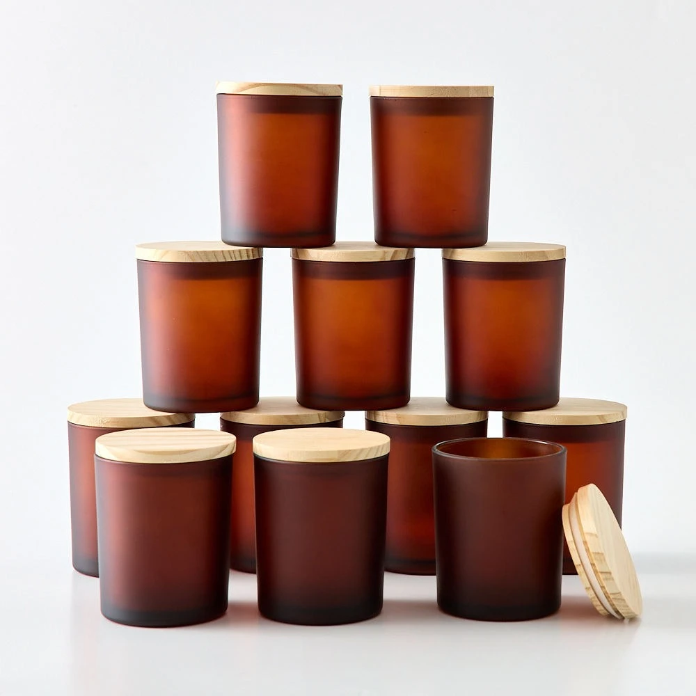 6.8 OZ Thick Candle Jars for Making Candles 12 Pcs, Empty Jars with Wood Lids for Candle Making, Sample Container,Frosted Brown