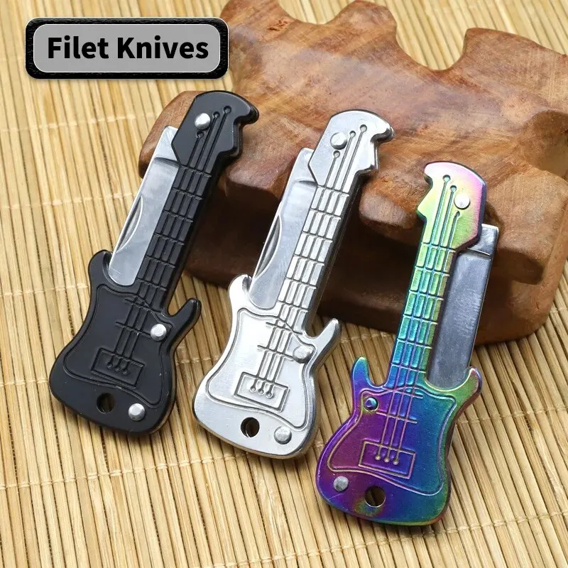 Mini Guitar Keychain Knife Stainless Steel Folding Knife Fishing Filet Knives Portable Multifunction Outdoor Folding Knife