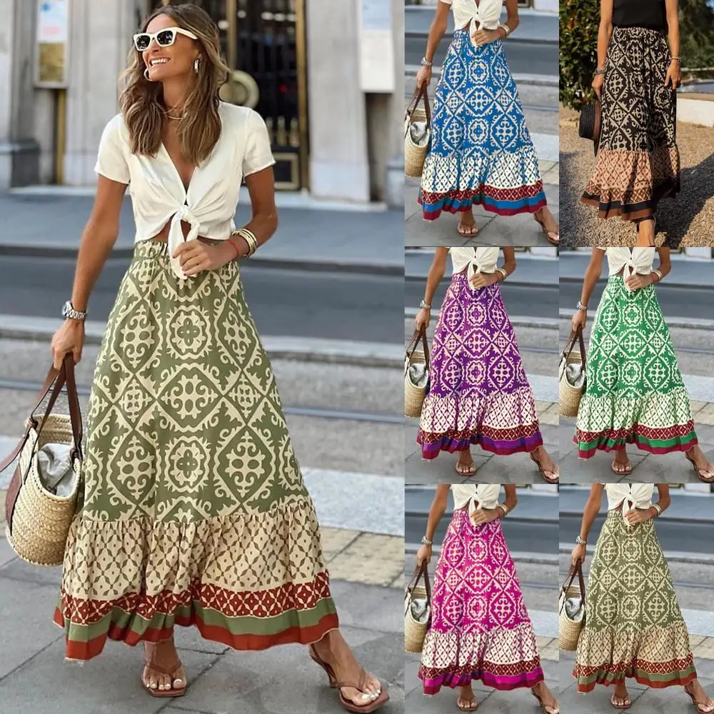 

Long Maxi Skirt for Women Summer Korean Boho Sle High Waist A-Line Midi Skirt Floral Print Versatile Casual Women's Skirts
