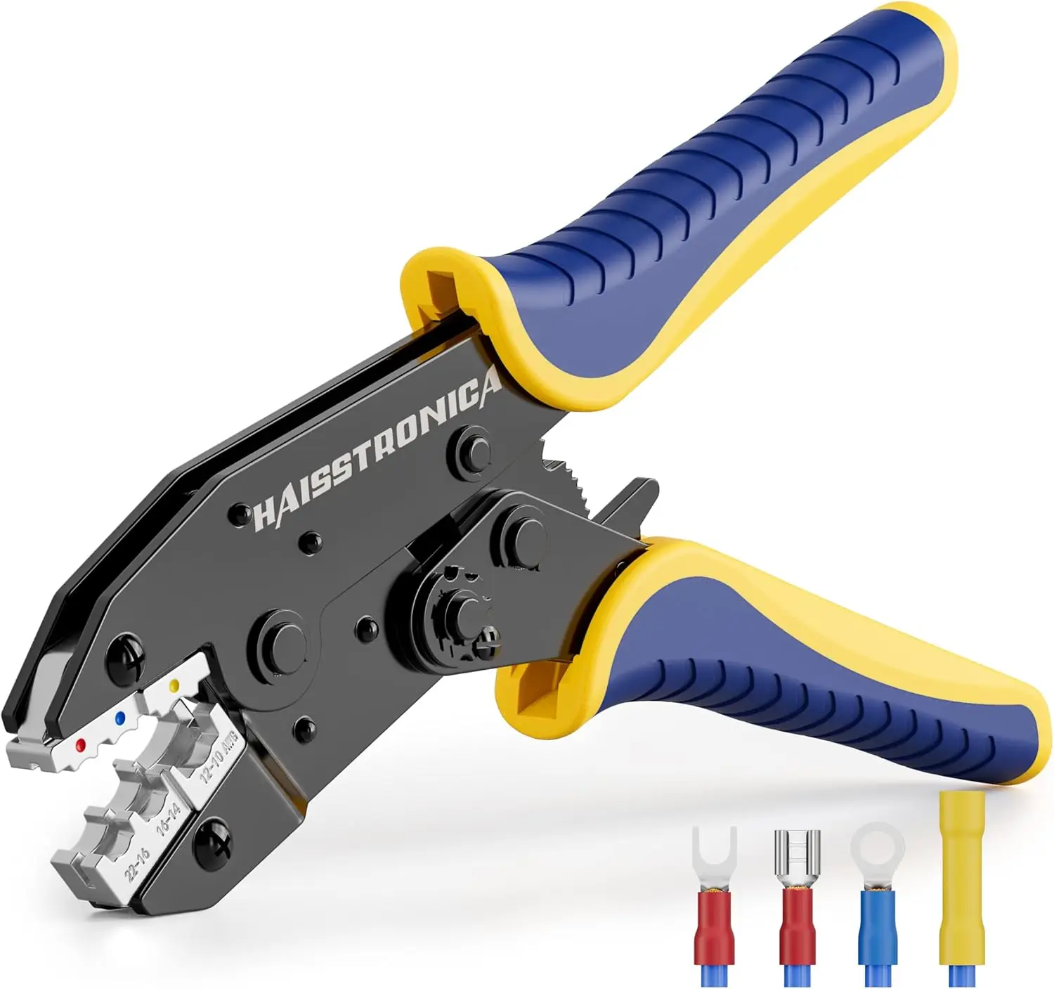 

Crimping Tool for Insulated Electrical Wire Connectors AWG 22-10 Ratchet Crimper with Ergonomic Handle and Adjustable Star Wheel