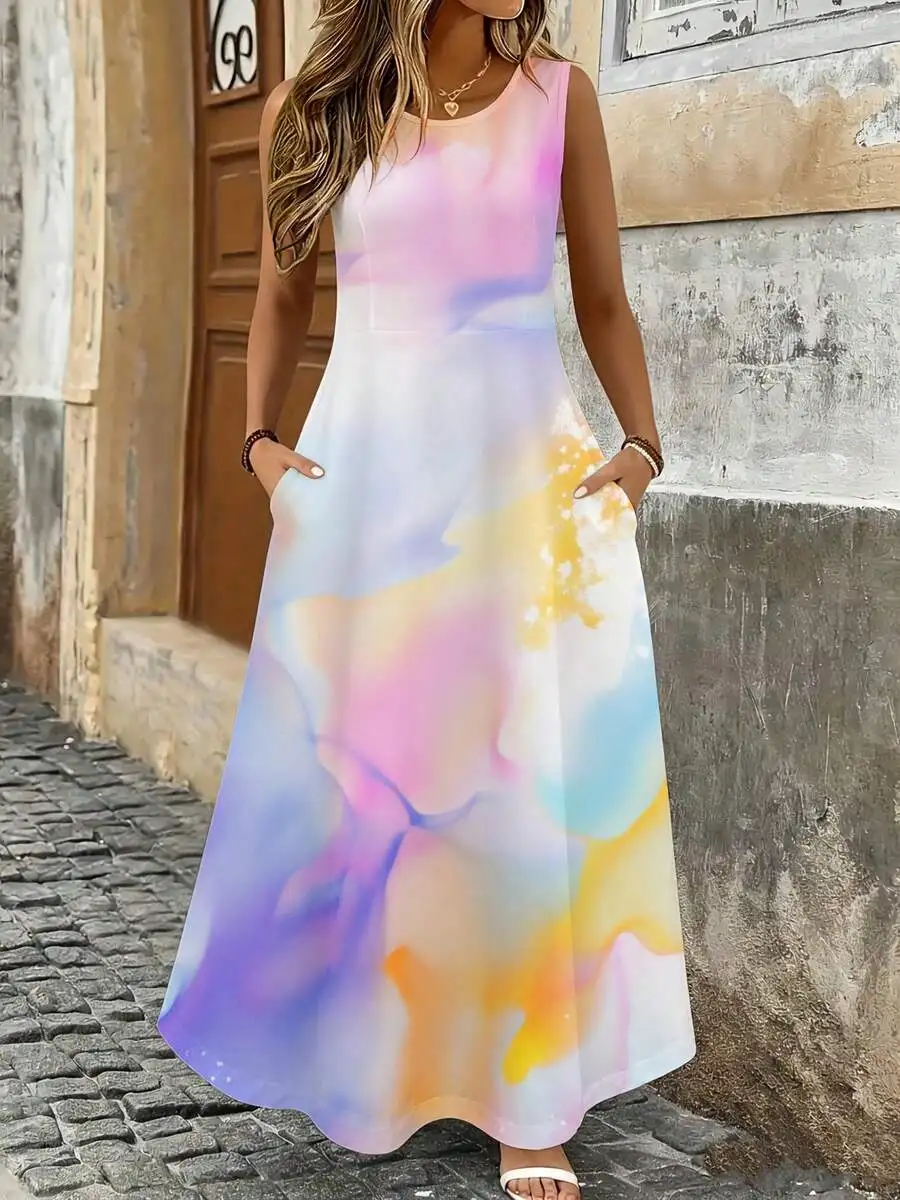 

Sleeveless Maxi Dress Pastel Abstract Watercolor Print Summer Beach Vacation Wear