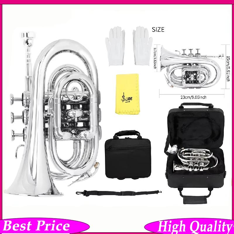 Pocket Trumpet B flat Palm Number Silver for Beginner Students with Blow Nozzle 7C Cleaning Kit Gloves Box Brass Accessory