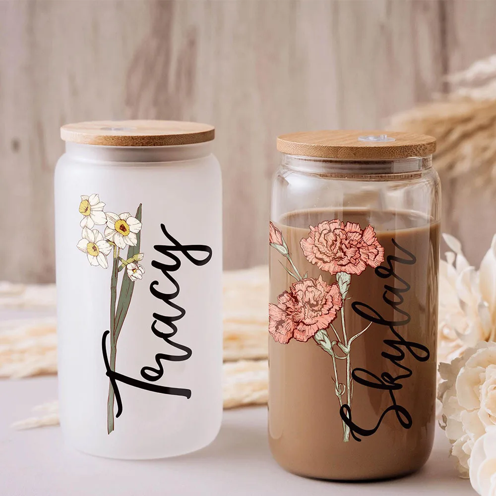 Custom Birth Flower Name Glass Can Cup with Bamboo Lid & Straw,Personalized Floral Iced Coffee Glass Tumbler Custom Gift. view 5