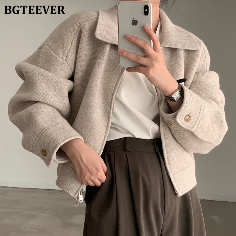 BGTEEVER Vintage Loose Turn-down Collar Pockets Female Woolen Jackets Autumn Winter Elegant Long Sleeve Zipper Women Blend Coats