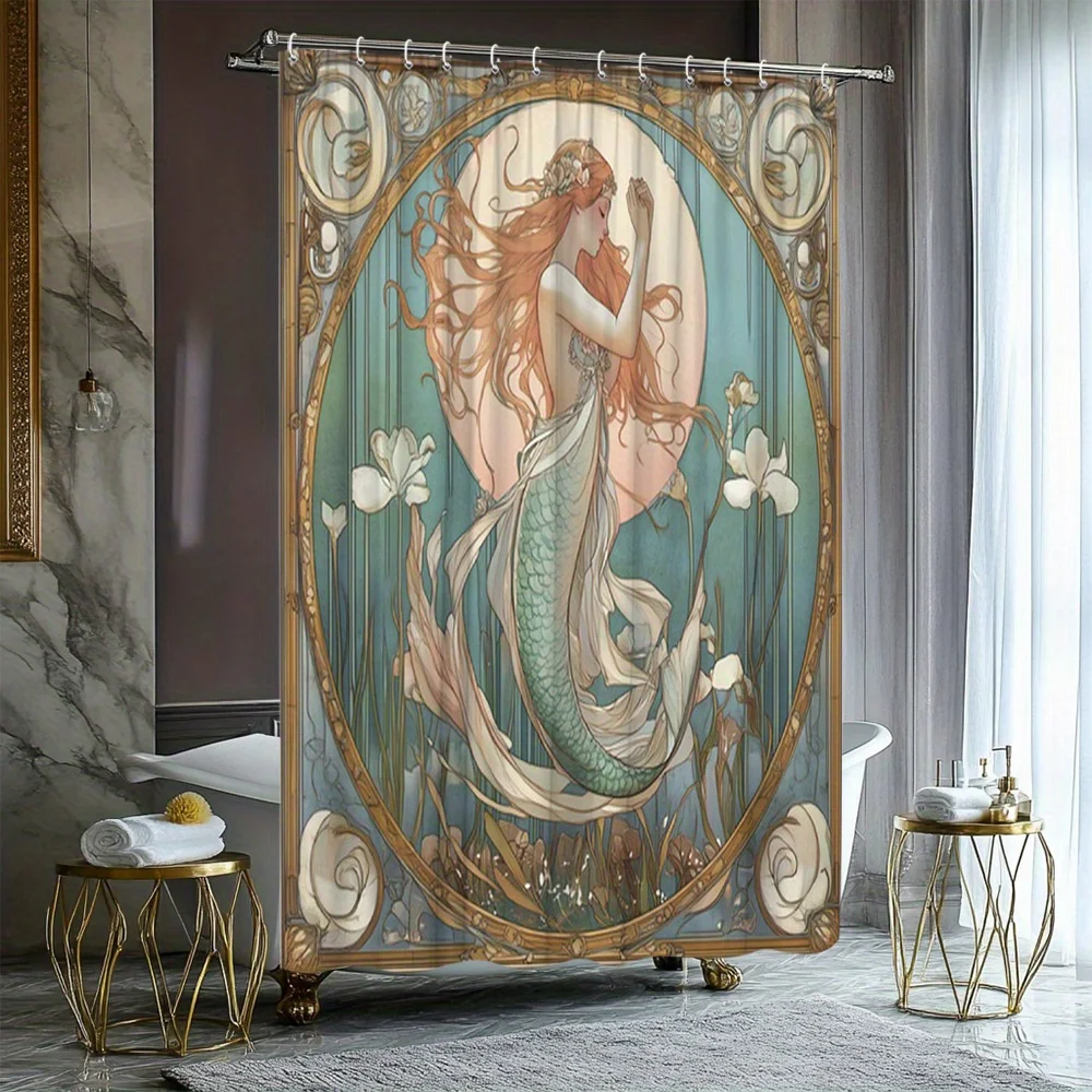 

1pc Mermaid Watercolor Style Shower Curtain Bathroom Decor Polyester Fabric with 12 Hooks 70.8x70.8 Inches