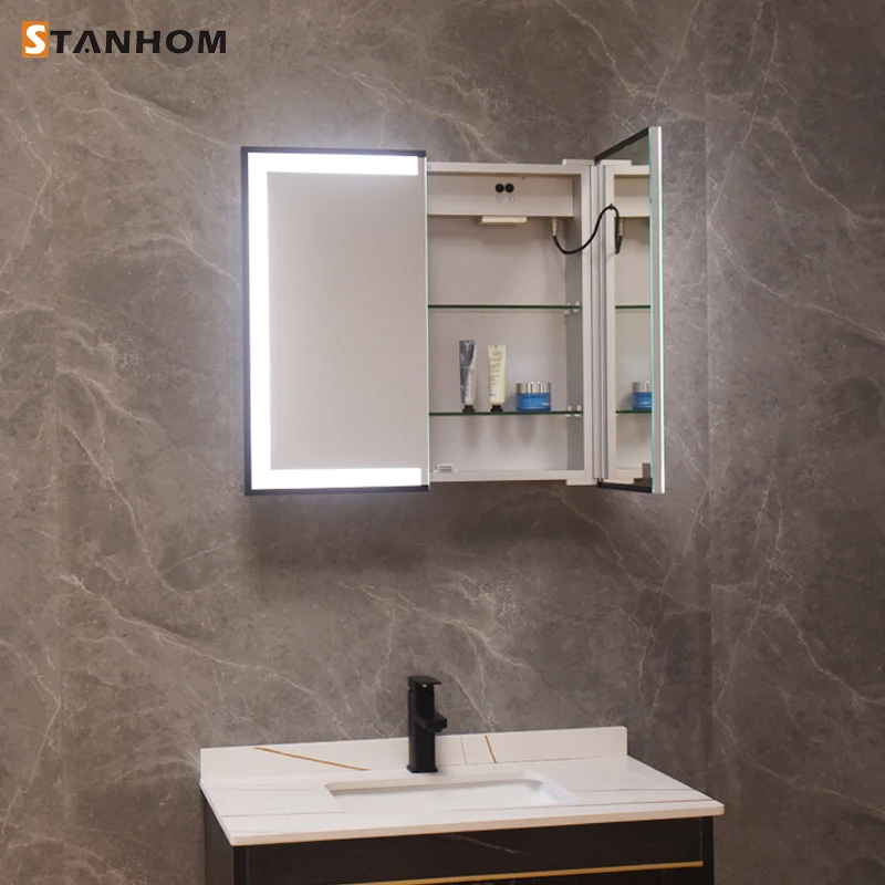 CE UKCA RoHS Modern Bathroom Vanity LED Mirror Cabinet Aluminum Framed Wall Mounted Lighted Mirror Medicine Cabinet view 2