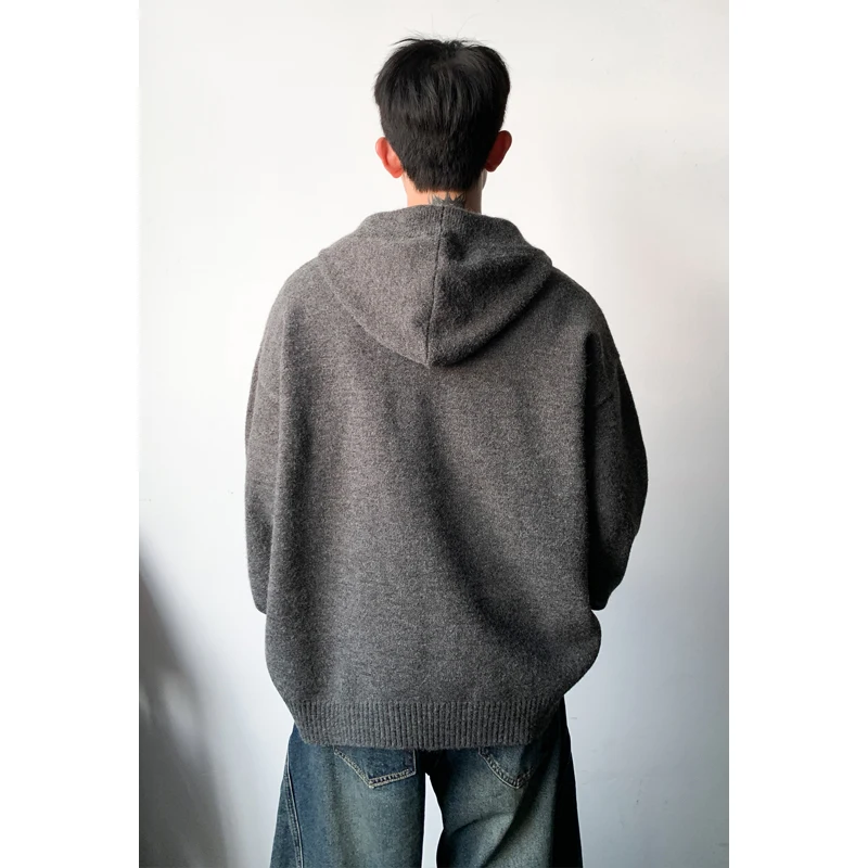 Solid Color Single Button Semi-open Drawstring Hoodie Sweater, Long Sleeve Loose Knit Top for Spring Autumn Casual Streetwear