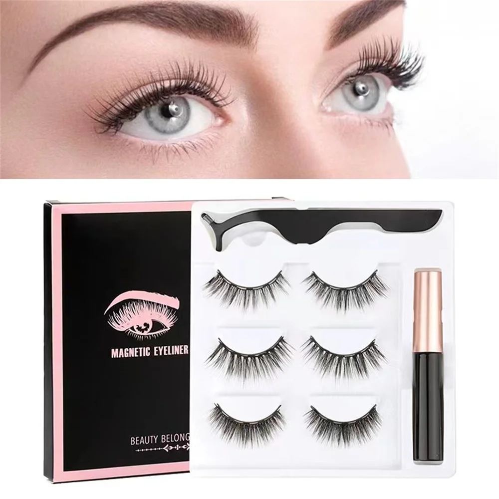 3 pares de pestañas postizas magnéticas, pestañas de uso repetido, delineador de ojos líquido resistente al agua con pinza de maquillaje