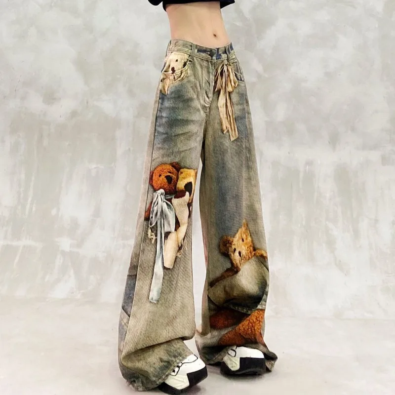 Fat Mm Small 2026 Spring and Autumn New Retro Bear Pattern Printing Cartoon Graffiti Women Mopping Jeans Age Reduction Trousers