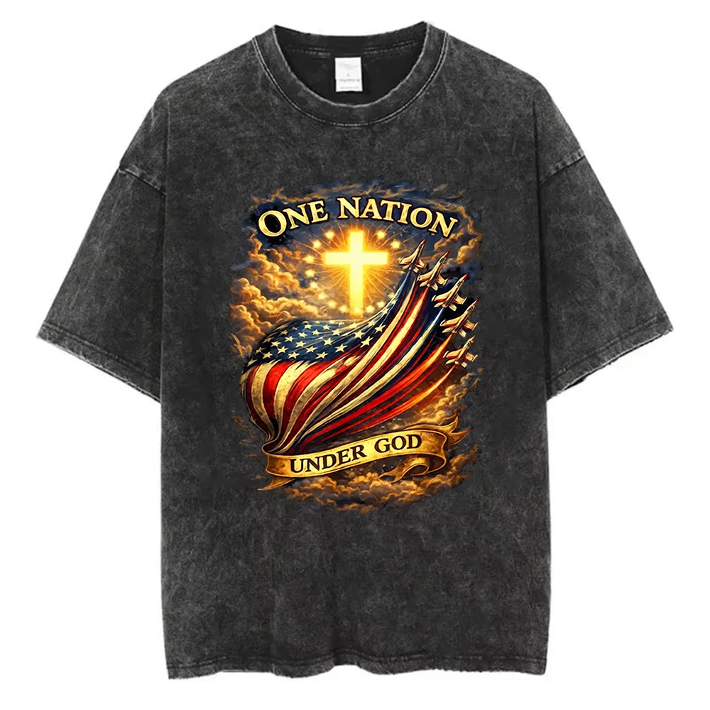 American Flag Butterfly Cross T Shirt Floral Design Vintage Washed Cotton Casual Tops for Patriotic Christian Believers