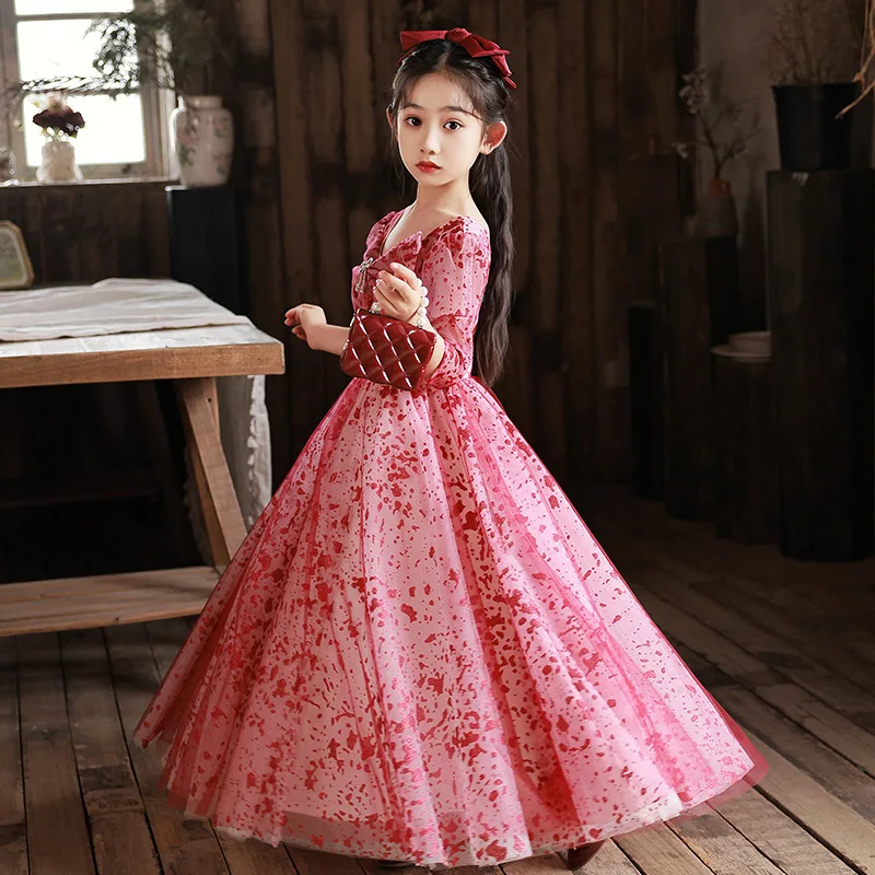 

Новое платье для девочек, летнее красное платье принцессы, детский подиумный костюм для фортепиано