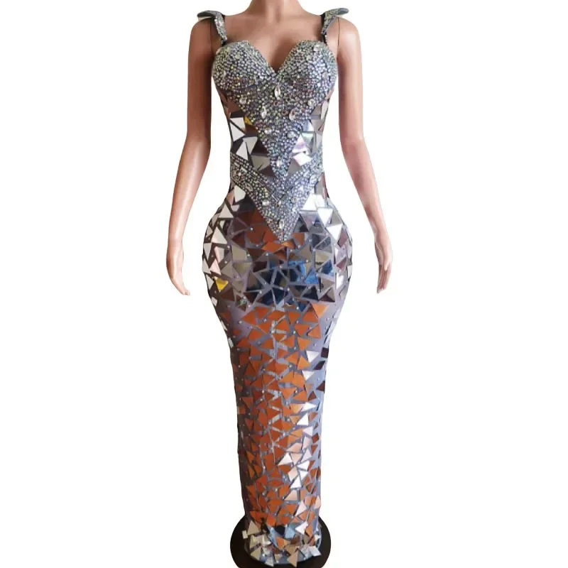

Luxury Gold Silver Mirror Rhinestones Long Dress Women Model Catwalk Singer Performance Stage Costume Birthday Celebrate Gowns