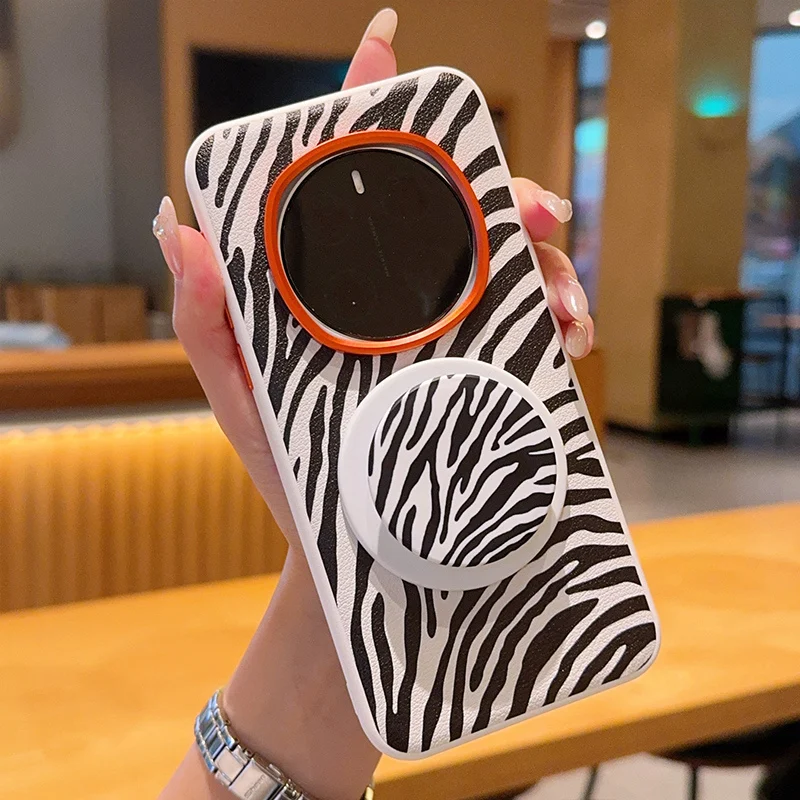 

For Honor Magic 7 pro Case New Plain Leather Zebra Pattern Magnetic Bracket Soft Edge Cover For Magic 7 Shockproof Bumper Funda