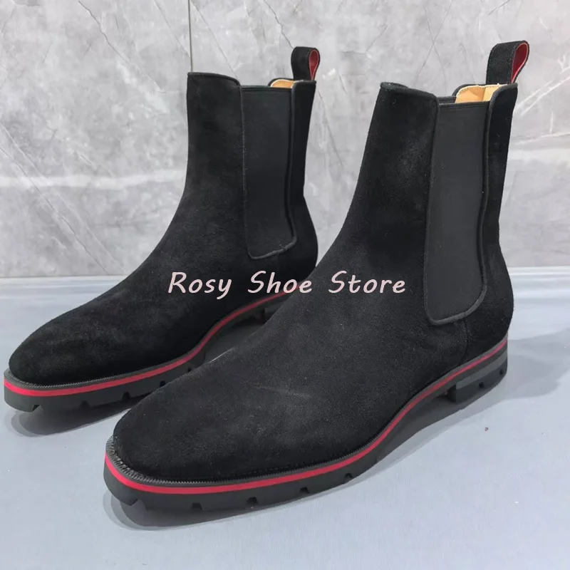 

Men Classic Black Suede Leather Ankle Boot Concise Spliced Knit Elastic Round Toe Slip On Versatile Boot Soft Flat Leather Boots