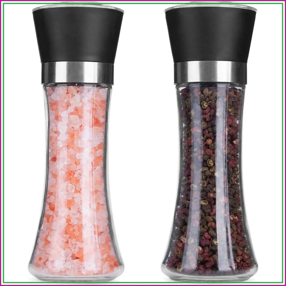 Premium Pepper and Salt Grinder Set of 2 - Adjustable Coarseness, Refillable, Glass Body, Easy to Use for Kitchen