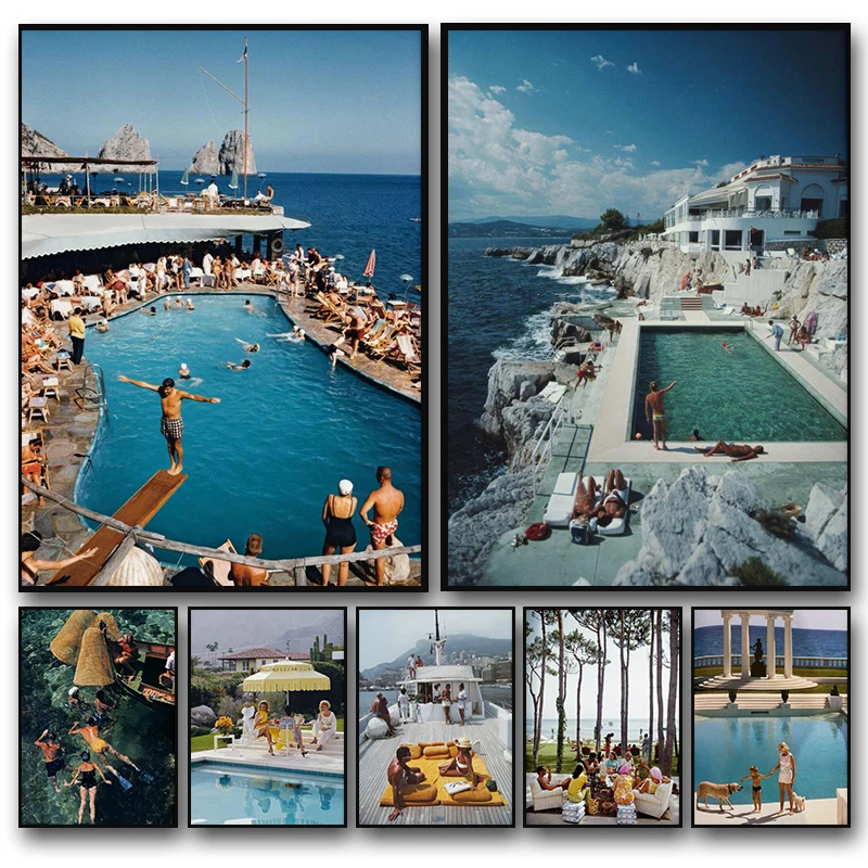 Vintage Photography Posters Slim Aarons Speedboat Landing Pool Party Print Art Canvas Painting Pictures Living Room Home Decor