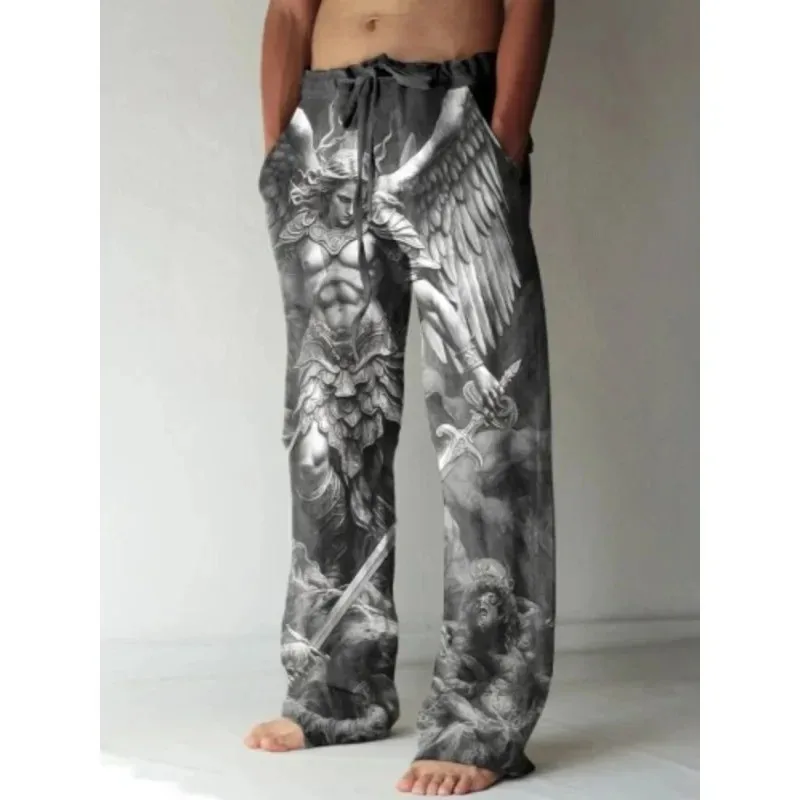 رجل خمر عصر النهضة مريم العذراء المطبوعة سراويل تقليدية الفن بنطال ذو قصة أرجل واسعة كول الصيف بنطلون الشارع الشهير الرجال النساء الملابس