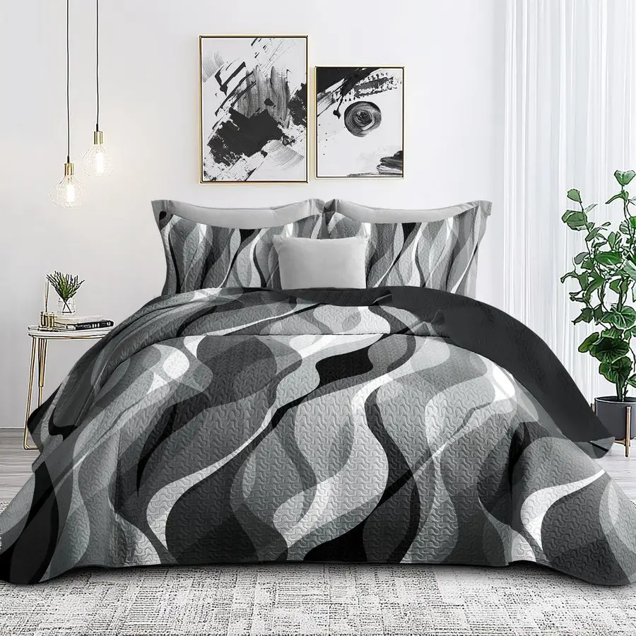 

Classic Line Pattern Bedding Quilt Queen Size Modern Grey Black and White Stripe Quilt with 2 Shams, Gray and White Comforter Se