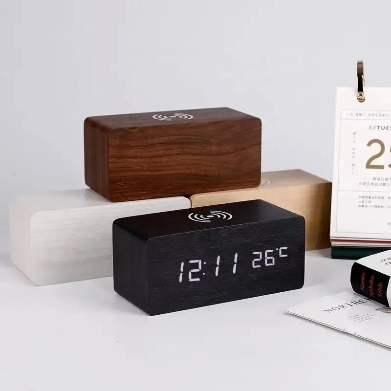 Wooden Wireless Charger Alarm Clock with Temperature Display and Humidity Sensor Digital Desk Clock with Phone Charging Function