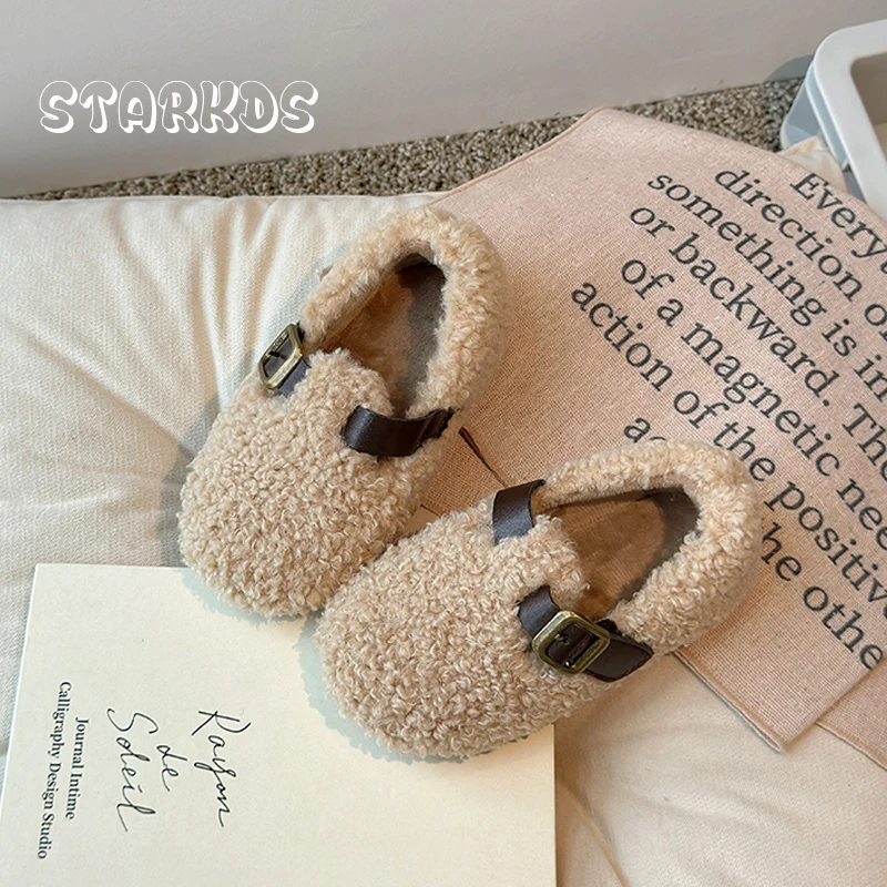 Toddler Child Shearling Fleece Shoes Girl Warm Furry Loafers Baby Fashion Plush Flat Zapatos With Metal Buckle Belt