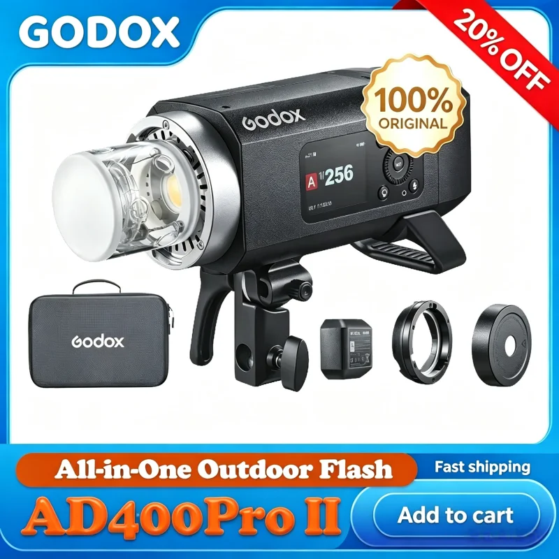 

Фотовспышка Godox AD400Pro II TTL со встроенным литий-ионным аккумулятором, беспроводной системой 2.4G X, HSS 18000s для Canon, Nikon, Fuji