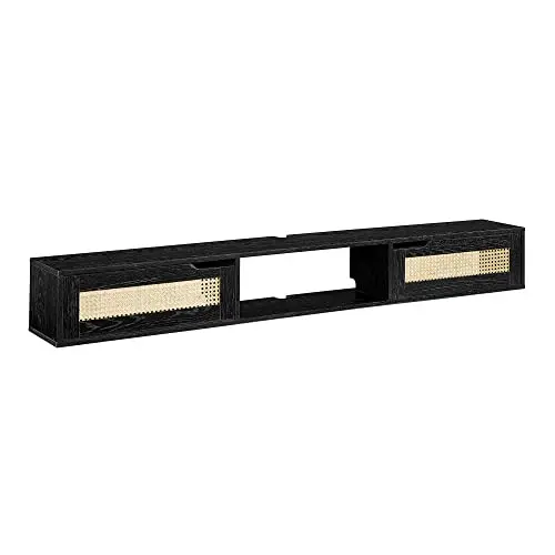 Destin Modern Rattan Flip-Down-Door Wall-Mounted Floating TV Stand for TVs up to 80 Inches, 70 Inch, Black