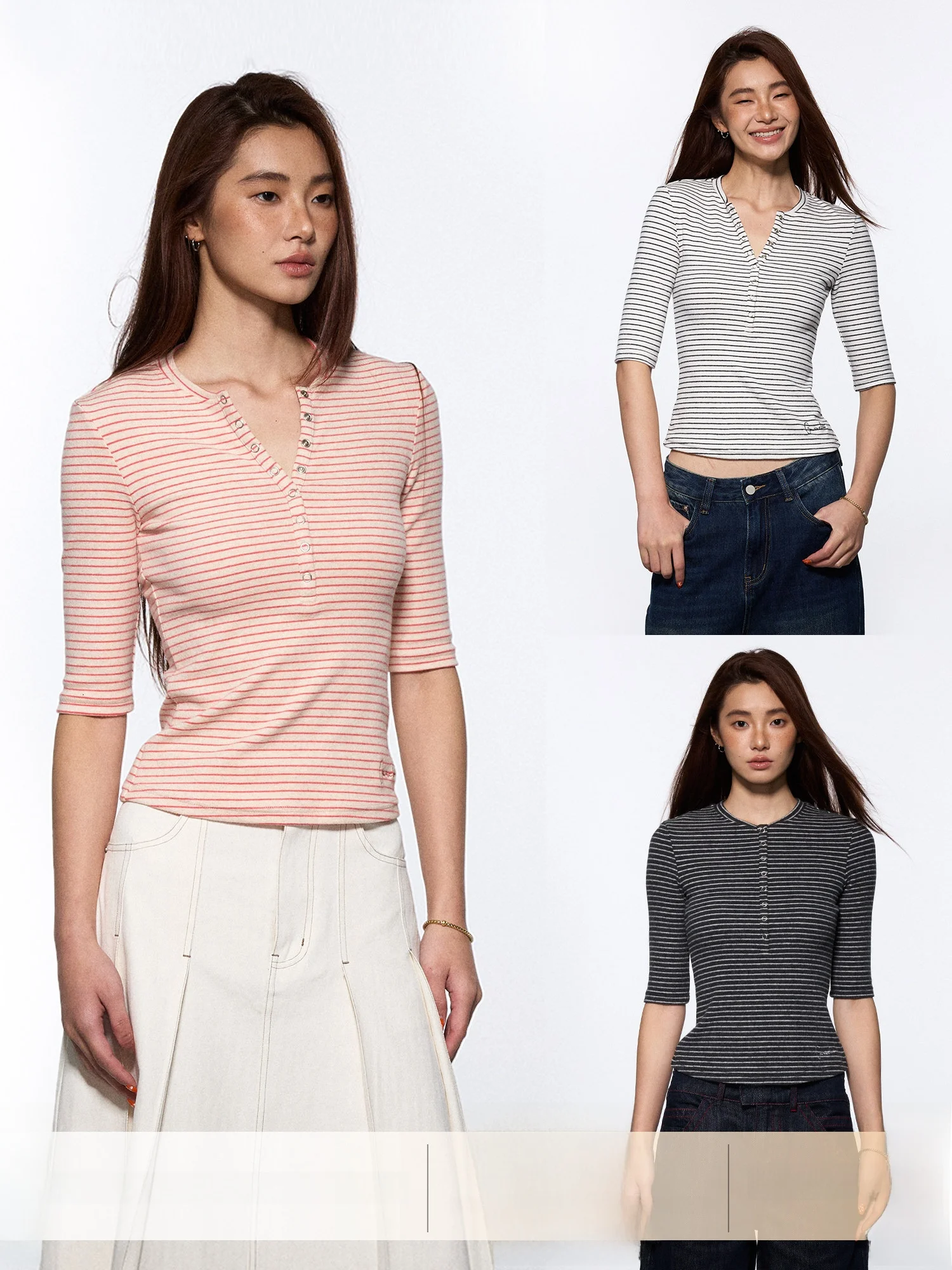 

Gowirel Early Autumn Brued Cotton Stripe Henry Collar High Elastic Slim Fit f Sve Base T-irt Soft Comfortable Ca...