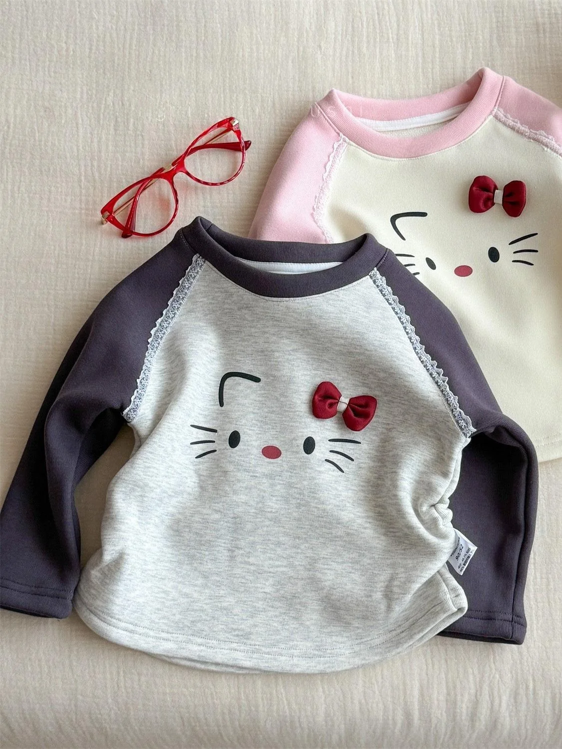 Koreaanse Sle Girls' Base irt Cartoon Patroon Geïntegreerd Fluweel Kleur Blo Sweet Sle Katoen Lang Sve rond Ne