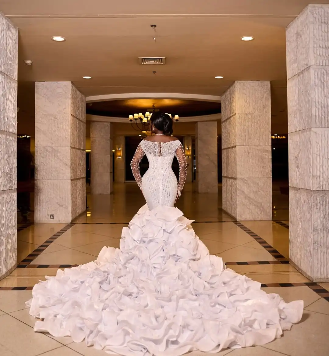 Customized  Square Neck  Heavy Beads Sequins Luxury  Mermaid Wedding Dress Long Sleeves Cascading Ruffles Elegant   Bridal Gowns
