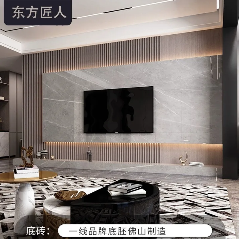 

Marble TV background wall Tile Internet celebrity hanging living room Modern simple light luxury large rock slab grille wood