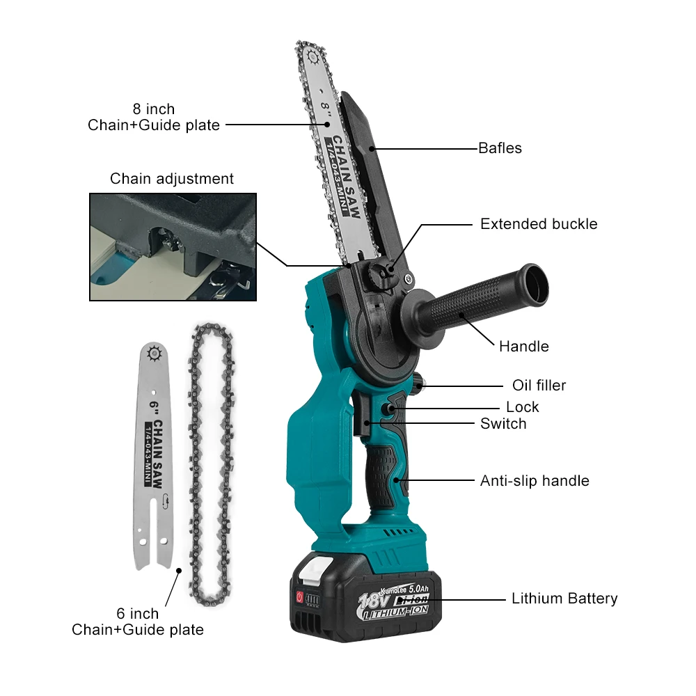 Kamolee 6 Zoll + 8 Zoll Mini bürstenlose elektrische Säge wiederaufladbare Kettensäge Holzschneider Beschneiden Garten Elektrowerkzeuge – Detail 13