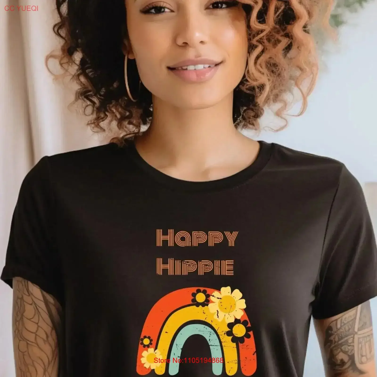 Hippie T shirt Retro Rainbow with Flowers Ladies Shirtnage Girl Girl's Happy for Women vintage Washed graphic streetwear
