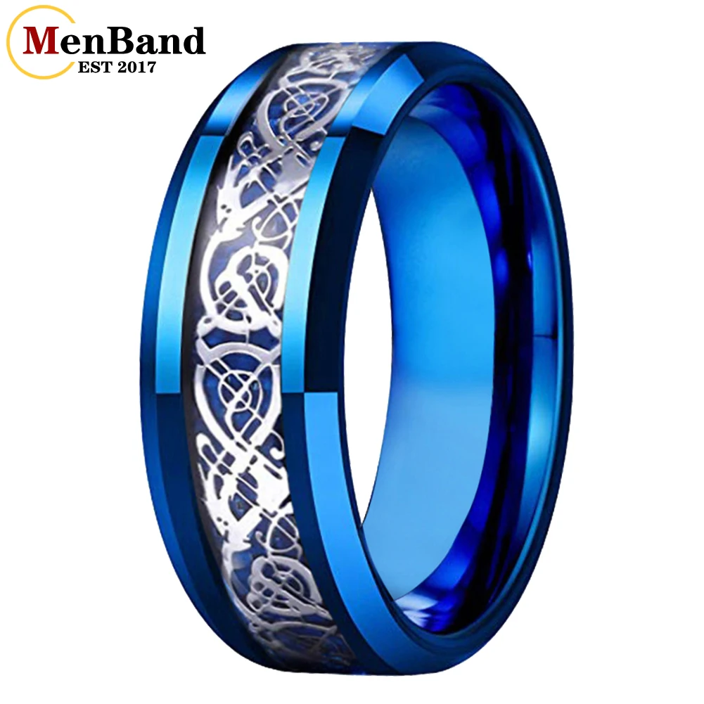 MenBand New Style 8MM Blue Tungsten Carbide Wedding Band Rings Gold Color Dragon And Carbon Fiber Inlay Comfort Fit