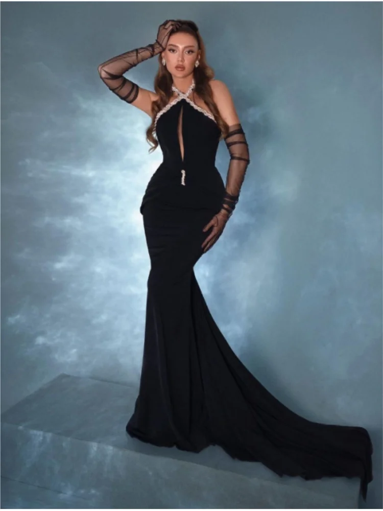 Robe longue noire à dos nu pour femmes, tenue de soirée sexy à licou, nouvelle collection