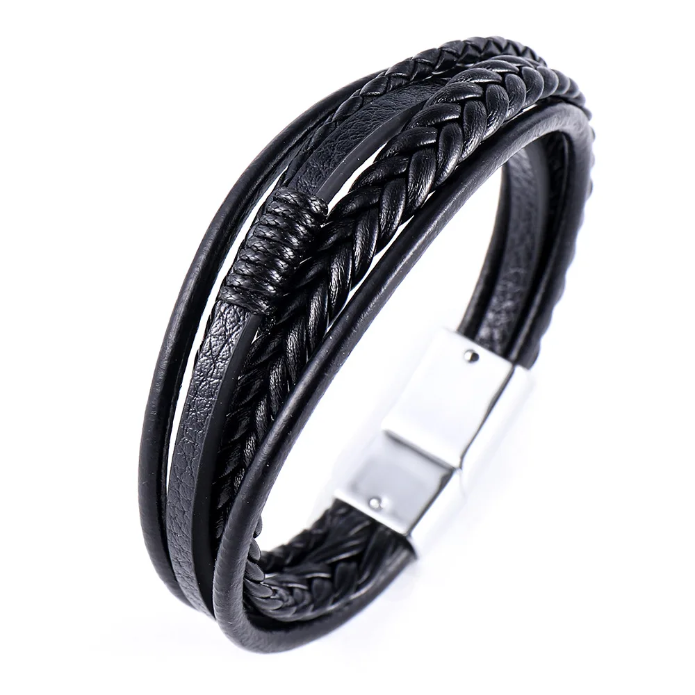 Meerlaagse gevlochten touwarmbanden voor mannen, klassieke handgemaakte PU-lederen polsband met magnetische gesp, trendy punk-sieradencadeau