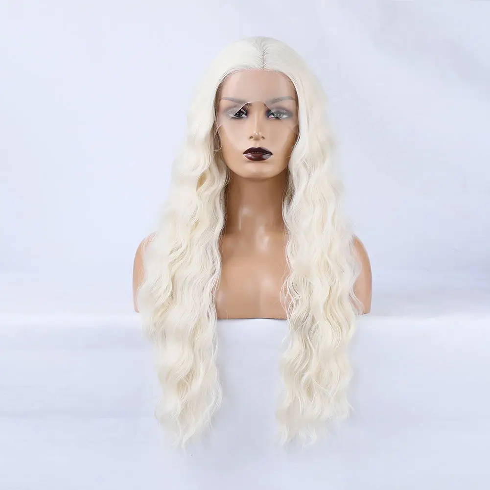 RONGDUOYI Platinum Blonde Wig Synthetic Lace Front Wig For Women Frontal Long Curly Hair Heat Fiber Natural Hairline Cosplay Wig