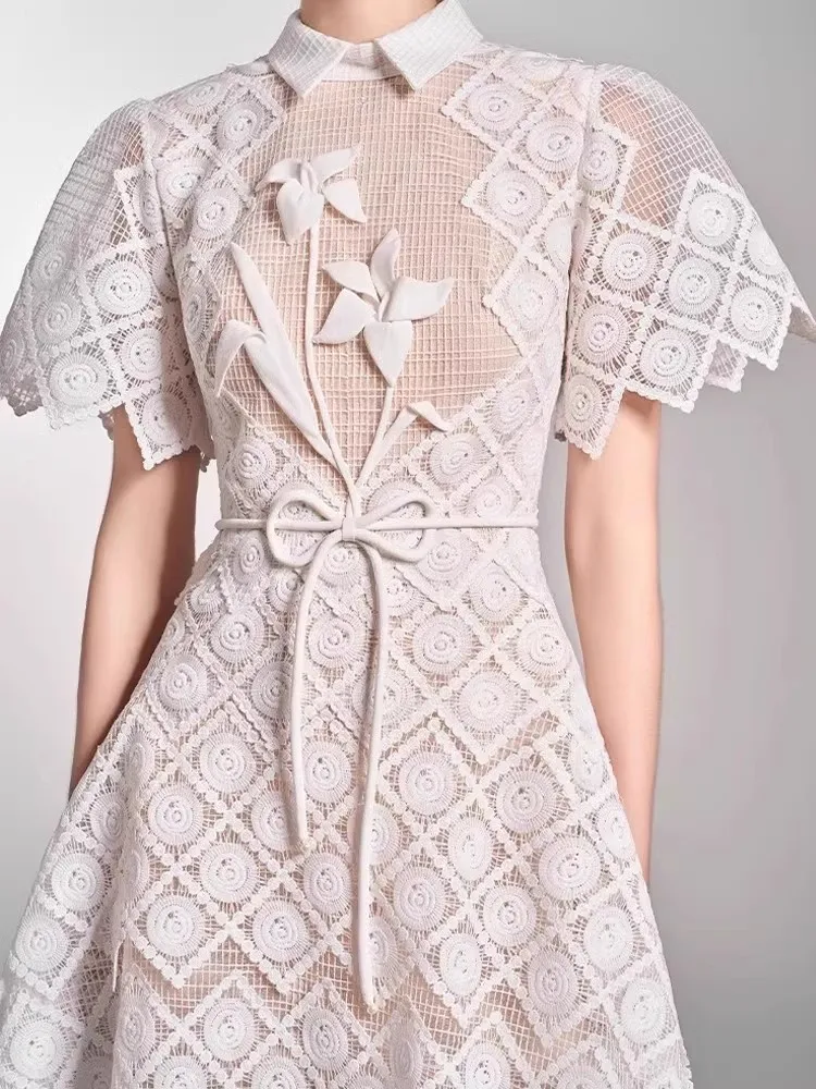 Abiti a rete con fiori 3D di alta qualità Primavera Donna Risvolto a maniche corte Abito grande altalena Abito estivo a vita alta con cerniera al ginocchio