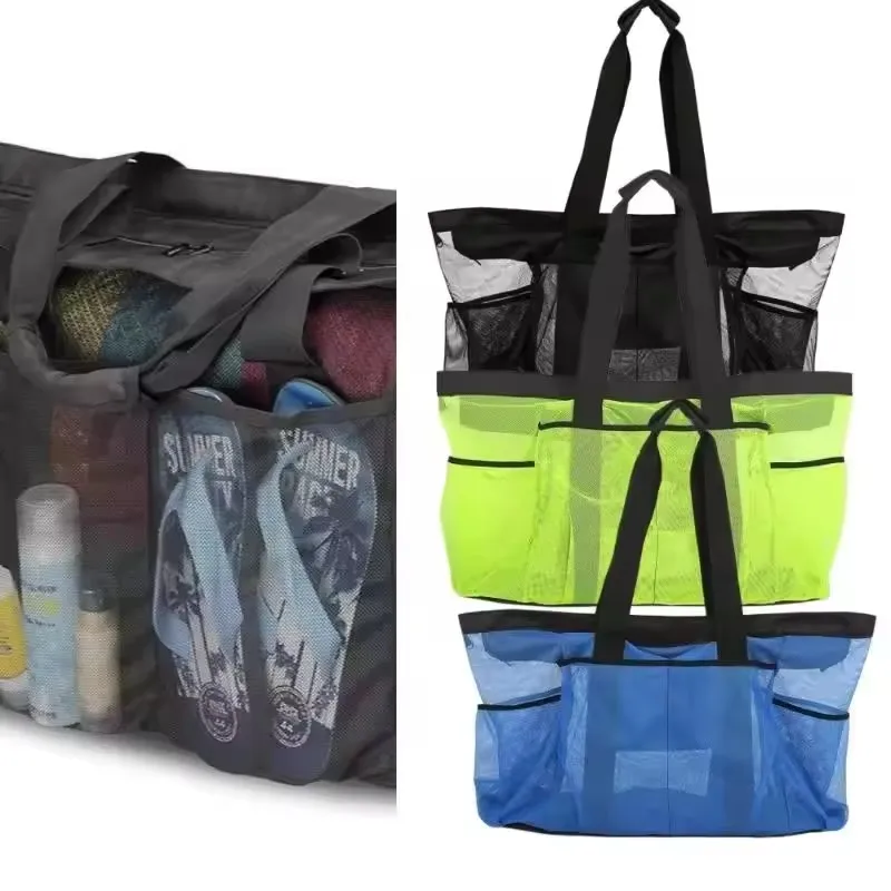 1Pcs Extra Large Mesh Beach Tote Bag, Multi Pockets Quick Dry Swimming Pool Travel Handbag for Family Beach Vacation 3Colors