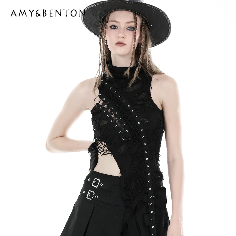 

Punk High Neck Asymmetric Lace-up Hollow Out Women's Top Original Design Black Sexy Versatile Slimming Sleeveless Vest Ladies