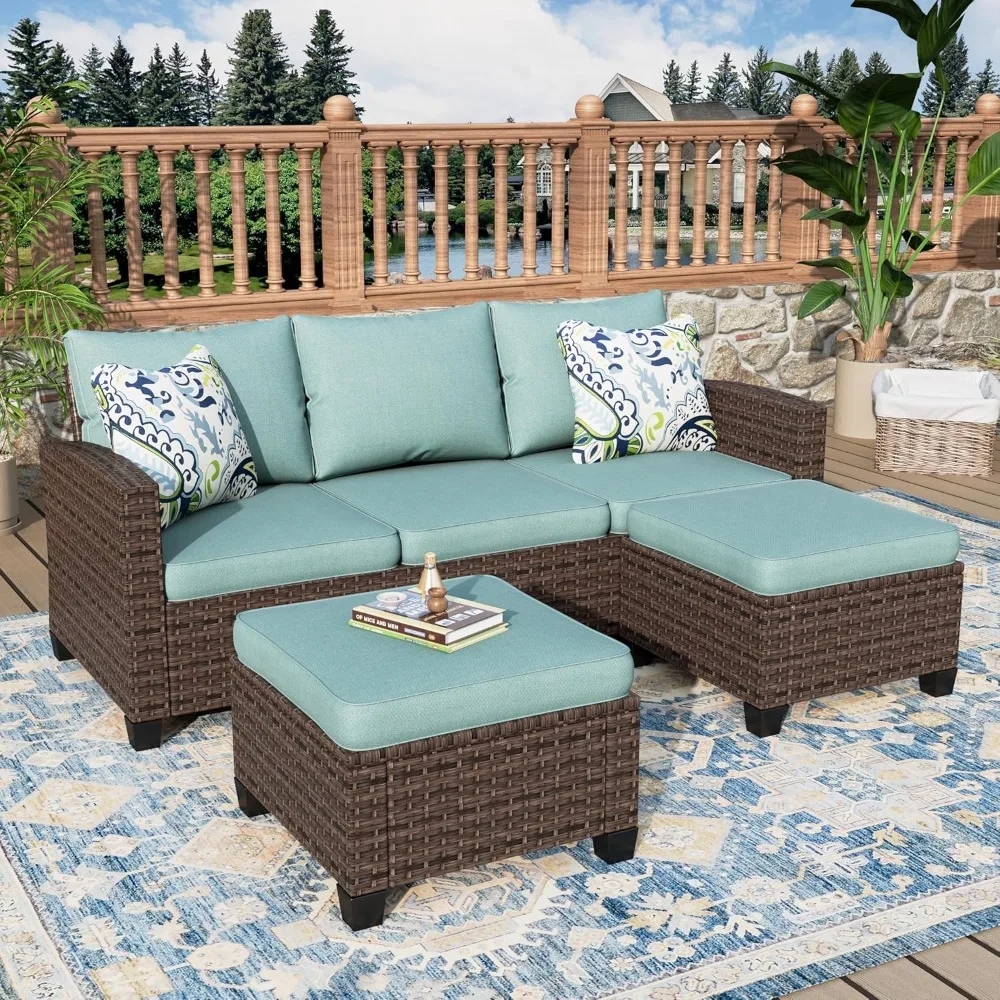 3 Pieces Wicker Patio Furniture Set, Rattan Outdoor Conversation Set with 3-Seater Sofa, 2 Pieces Ottomans, Blue