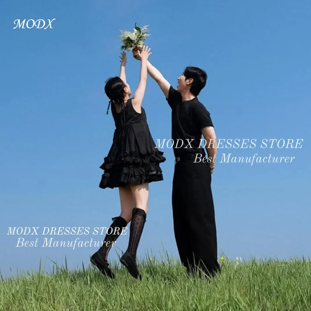 MODX 2026 New Tiered Black Mini Satin Korean Wedding Dress Sleeveless Bridal Gown Short Gown Vestidos Novias Boda Women Customiz