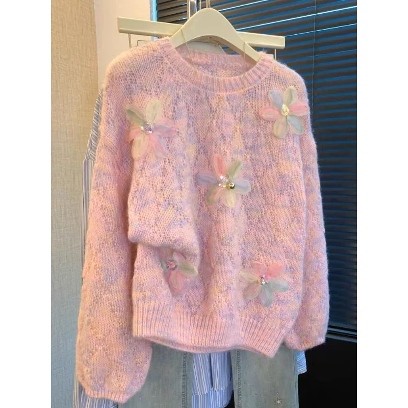 Lazy Style Three-dimensional Small Flower Round Neck Sweater Women's New Loose Long-sleeved Pullover Soft Waxy Top