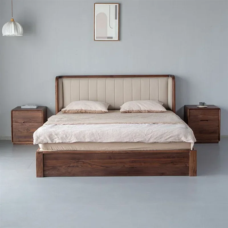 Nordic all solid wood high box soft bag black walnut storage air pressure bed light luxury minimalist floor bed bedroom furnit